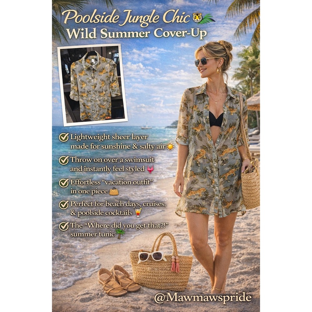 POOLSIDE JUNGLE CHIC‎ LIVE 4 TRUTH Womens Button Up Shirt  Tiger Tropical  Small